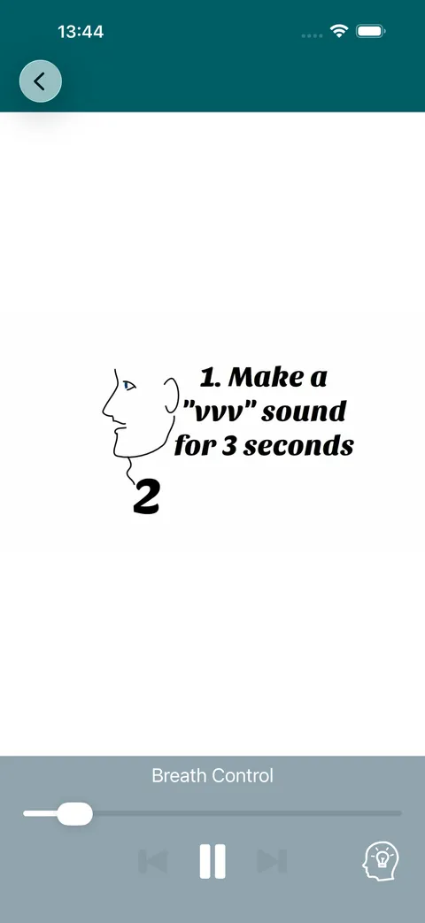 A breath control step: a line drawing of a head in profile beside "Make a vvv sound for 3 seconds".