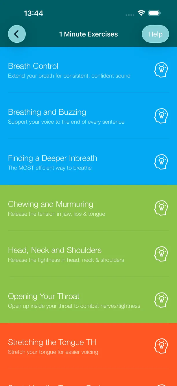 A colour-grouped list of one-minute exercises, from Breath Control and Chewing and Murmuring to Stretching the Tongue.