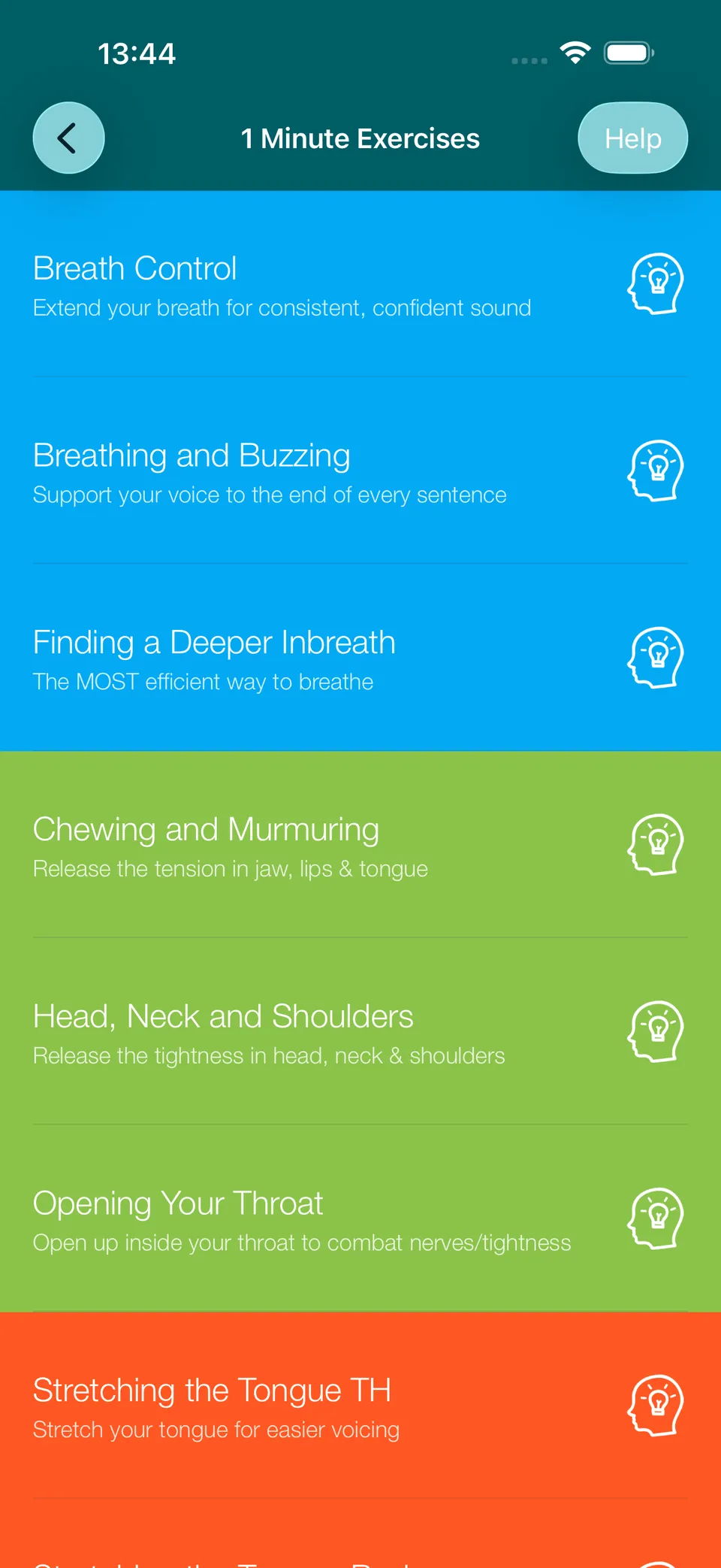 A colour-grouped list of one-minute exercises, from Breath Control and Chewing and Murmuring to Stretching the Tongue.