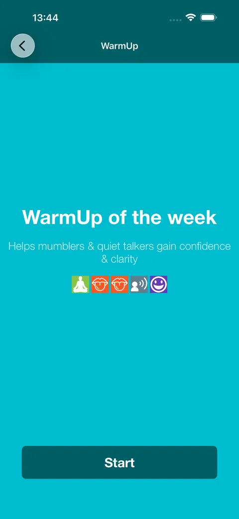 WarmUp of the week, for mumblers and quiet talkers, with a row of exercise icons above a Start button.