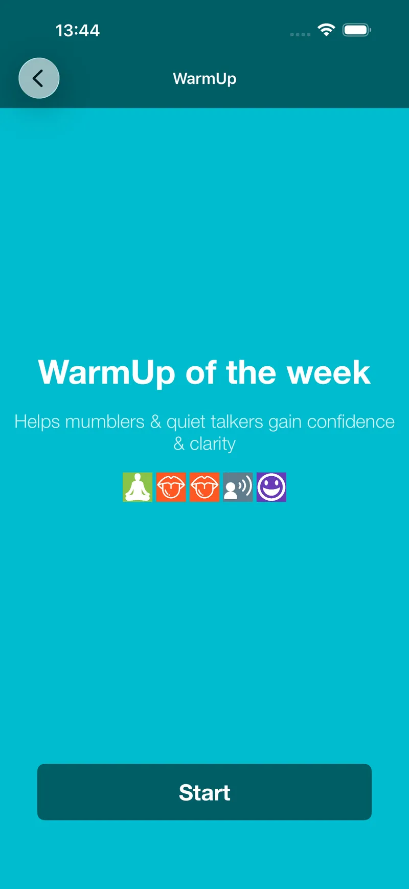 WarmUp of the week, for mumblers and quiet talkers, with a row of exercise icons above a Start button.