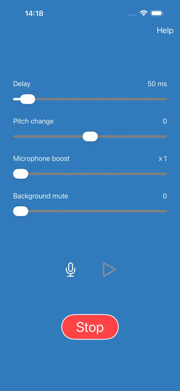 Sliders for delay (set to 50 milliseconds), pitch change, microphone boost and background mute, above a Stop button.