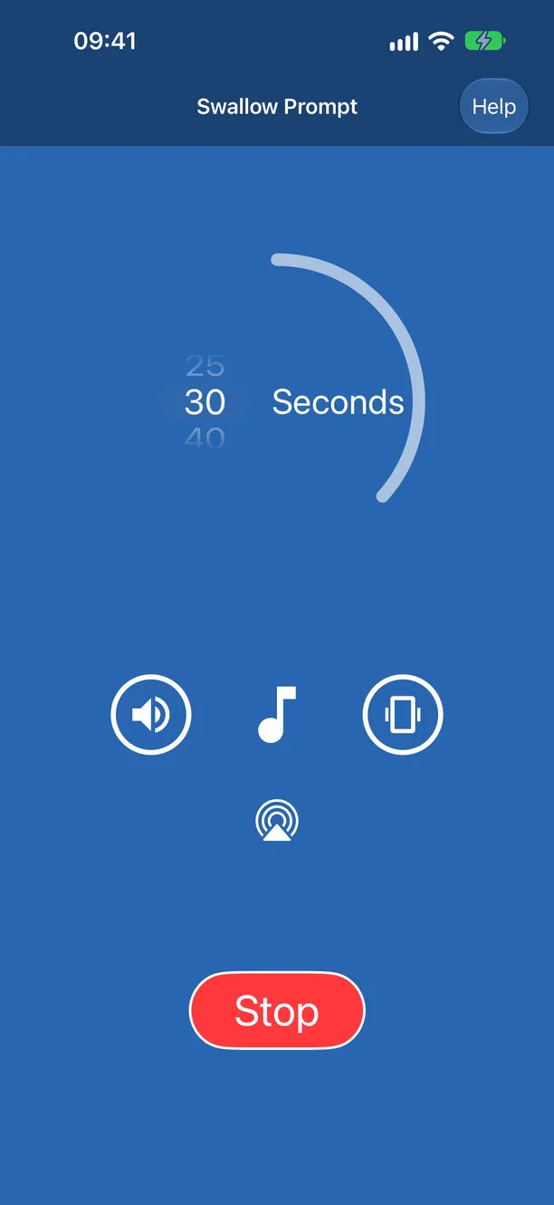 A 30-second interval running, with sound, music and vibration toggles above a Stop button.