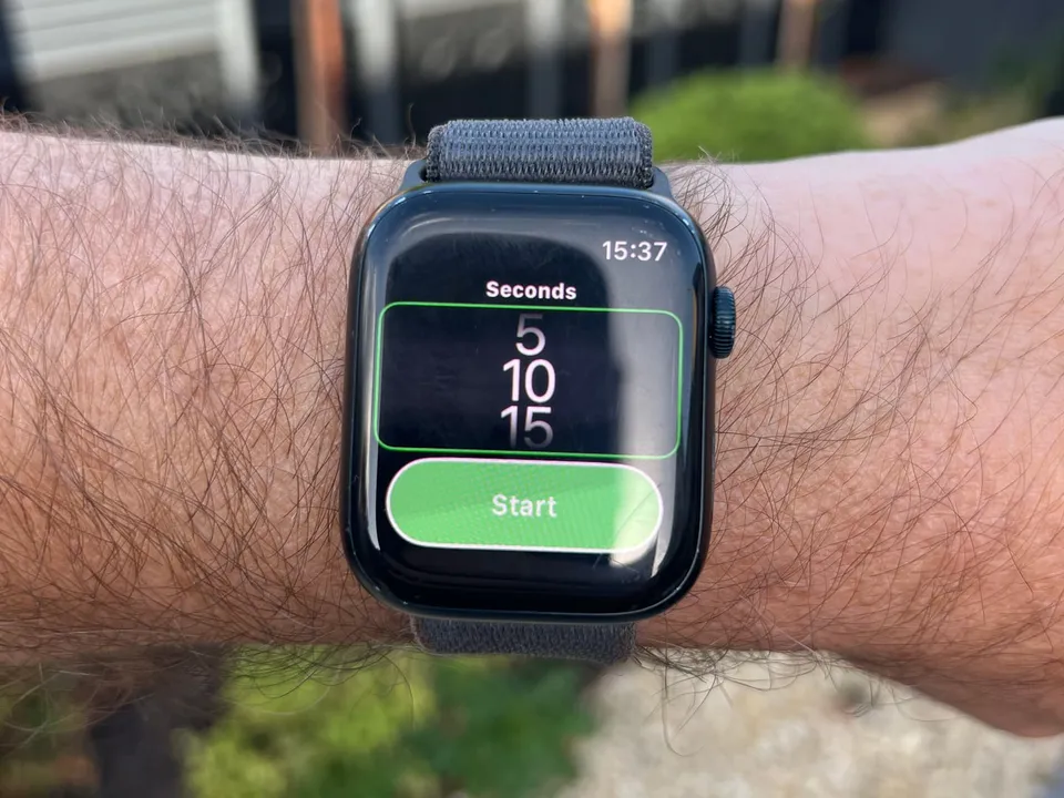 Swallow Prompt on an Apple Watch worn on a wrist, set to a 10-second interval above a green Start button.