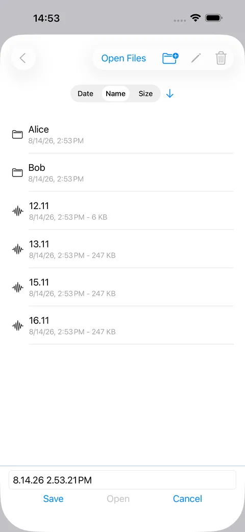 A file list of saved recordings organised into named folders, with dates and sizes.