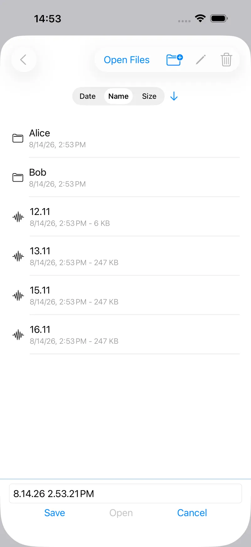 A file list of saved recordings organised into named folders, with dates and sizes.